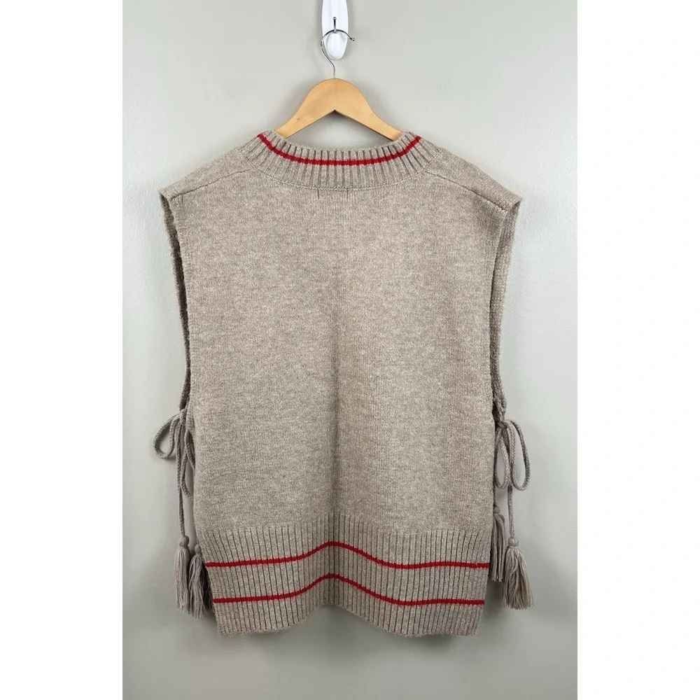Free People All Star Stripe Poncho Sweater Tan/Red/Neutral OS One Size‎ Festival